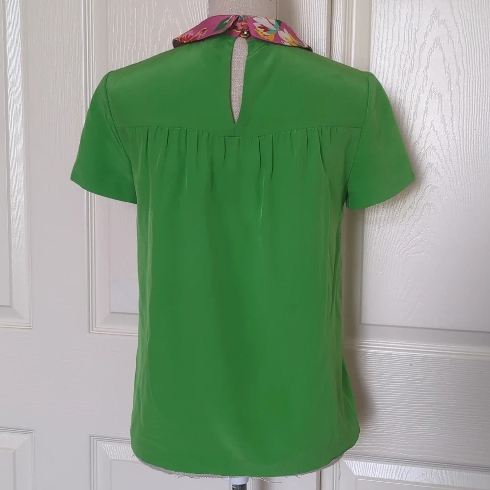 Kate Spade Bright Green Short-Sleeve Top with Pink Floral Collar
